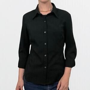 Express Black Stretch Cropped Sleeve Button Down Fitted Shirt